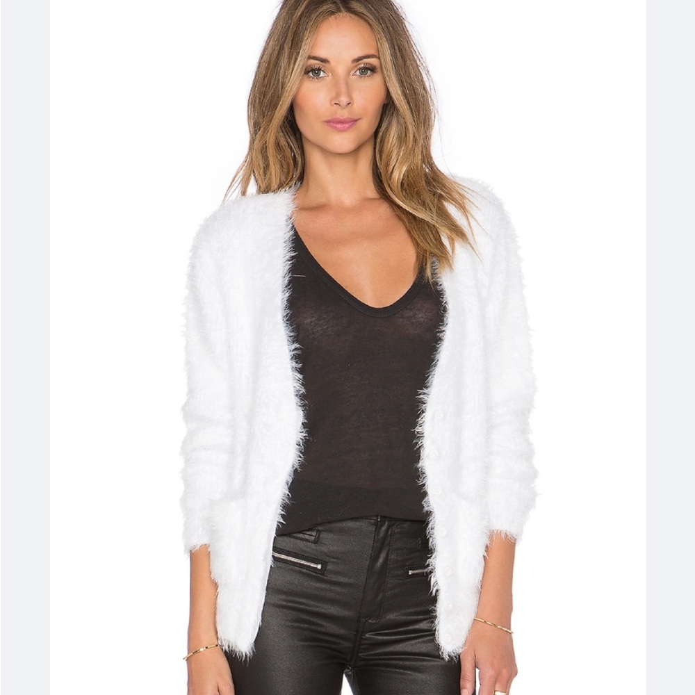 Anne Bing White Fuzzy Button Down Cardigan Sweater